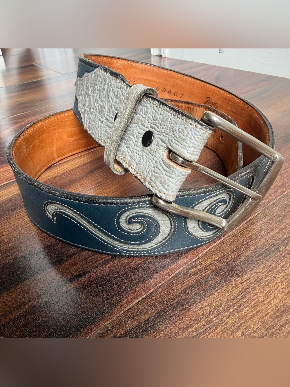 Tony Lama Made in Texas Leather Western Belt Blue Leather Gray Inlay Size 32